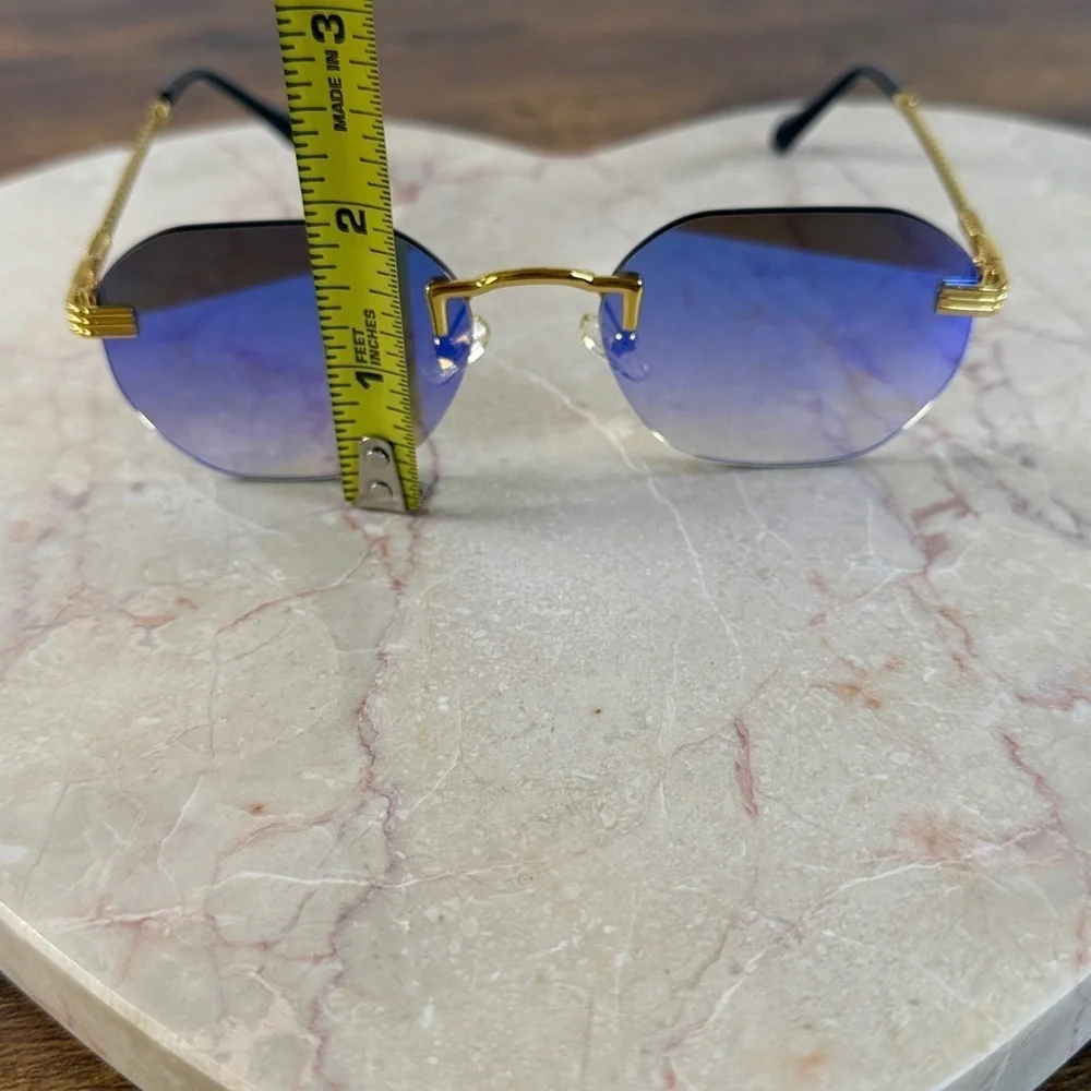 Gold and Blue Rimless Sunglasses